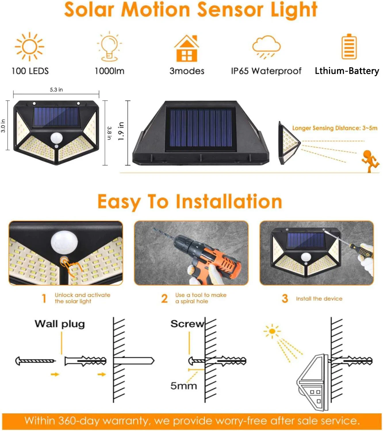 100 LED Outdoor Solar Wall Lamp Waterproof PIR Motion Sensor Solar Powered Sunlight Street Light for Garden Decoration - Image 9