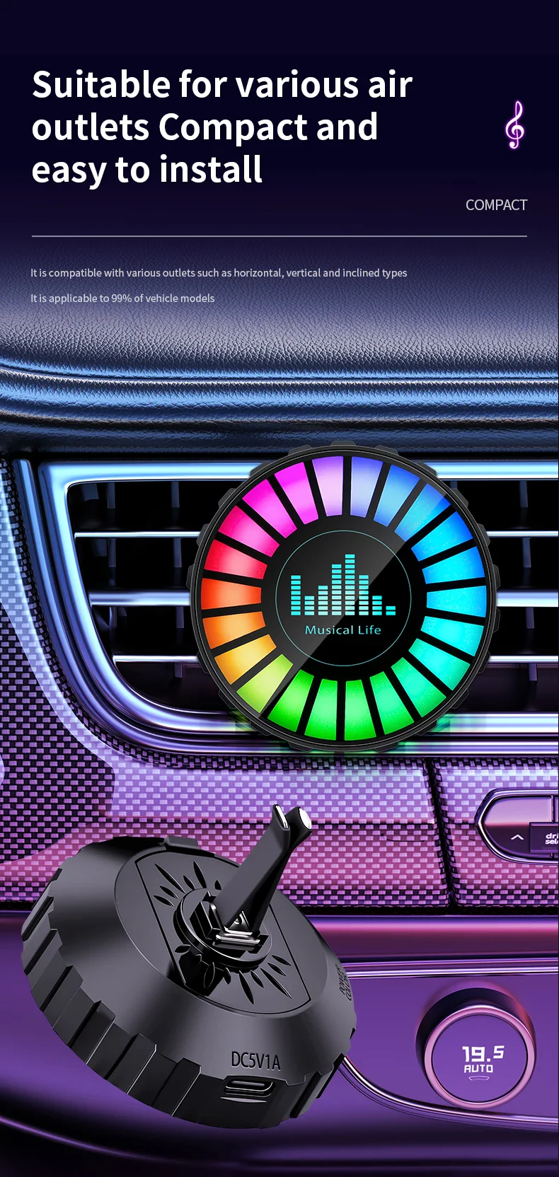 1x Car Music Rhythm Lamp with Fragrance Air Outlet Aromatherapy Air freshener perfume Voice App Control Rhythm Diffuser  RGB - Image 12