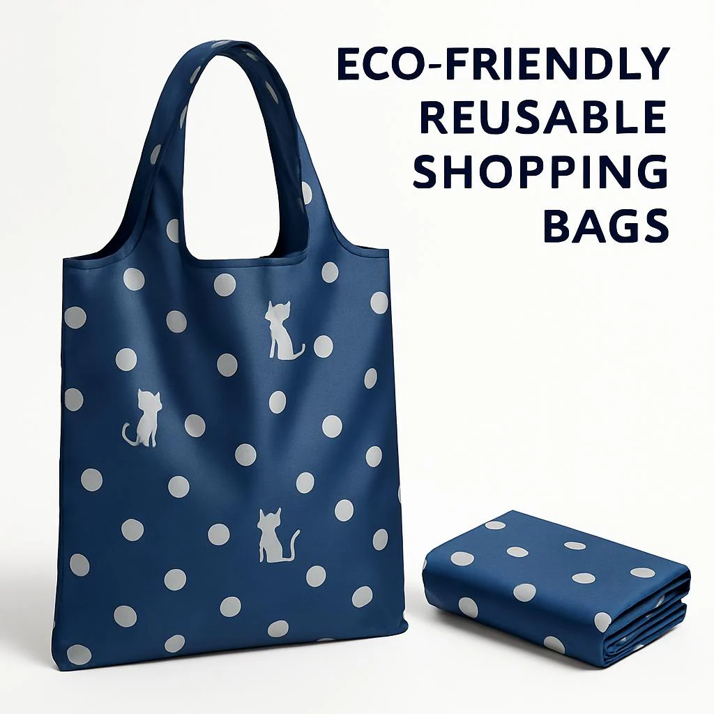 Eco-Friendly Reusable Shopping Bags - Blue Polka Dots & Cat Pattern - Image 4