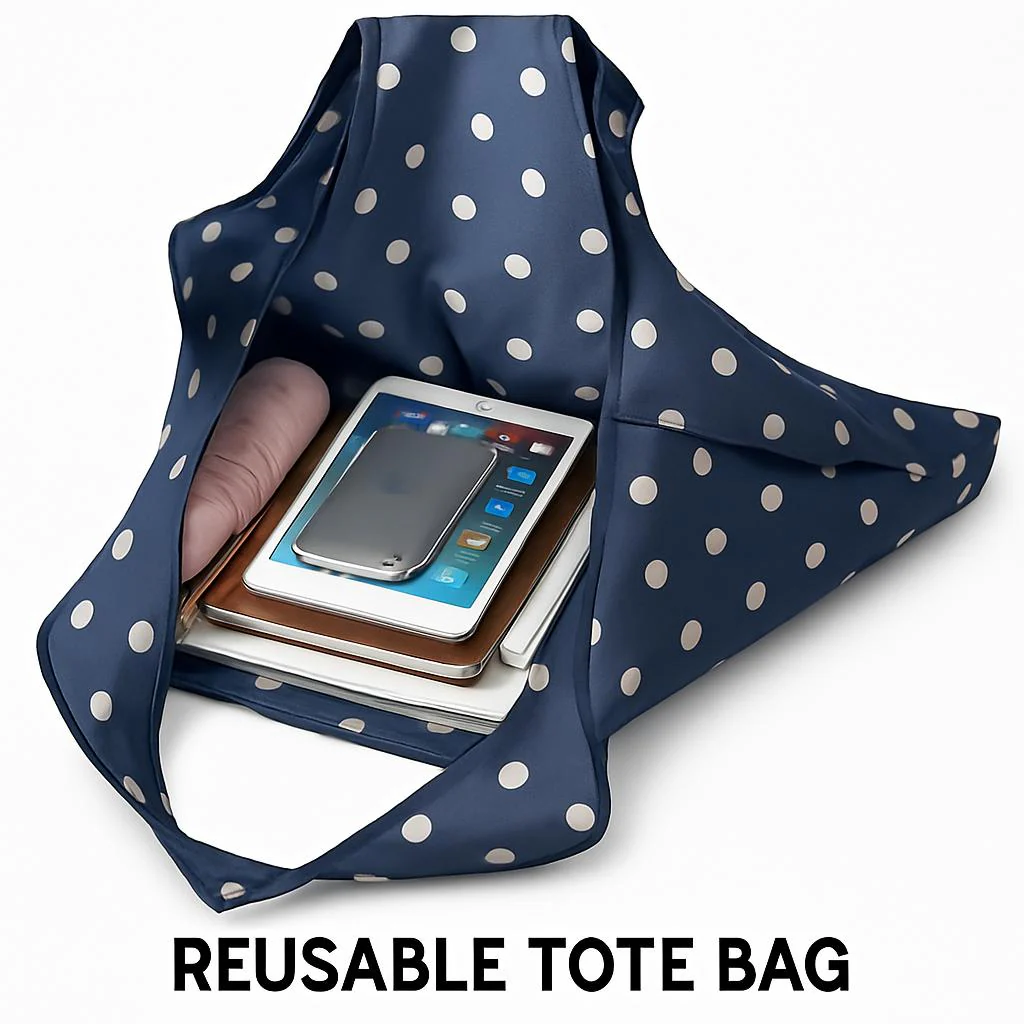 Eco-Friendly Reusable Shopping Bags - Blue Polka Dots & Cat Pattern - Image 5