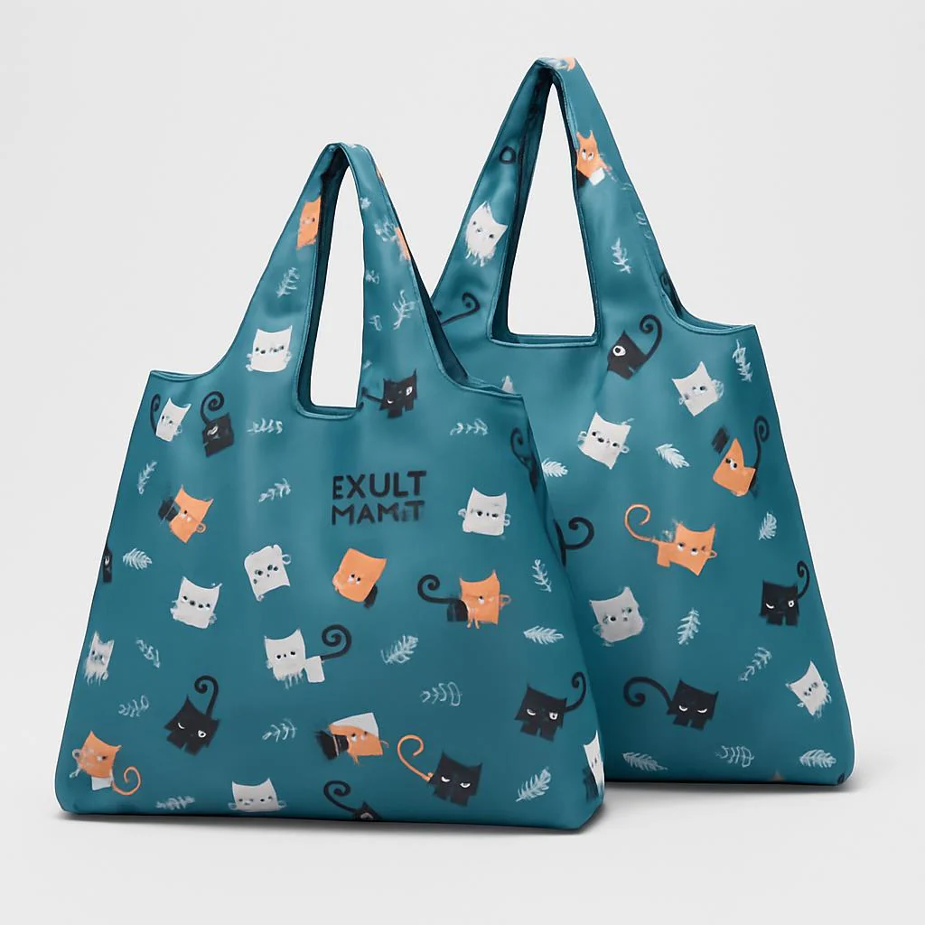 Eco-Friendly Reusable Shopping Bags - Blue Polka Dots & Cat Pattern - Image 7