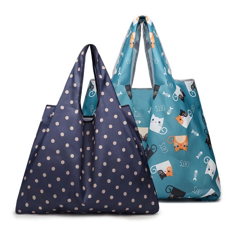 Eco-Friendly Reusable Shopping Bags - Blue Polka Dots & Cat Pattern - Image 9