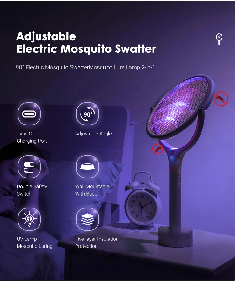 5 In 1 Fast Charging Racket Kill Fly Bug Safety Insulated Battery Powered Lamp ABS Adjustable Electric Mosquito Swatter - Image 6