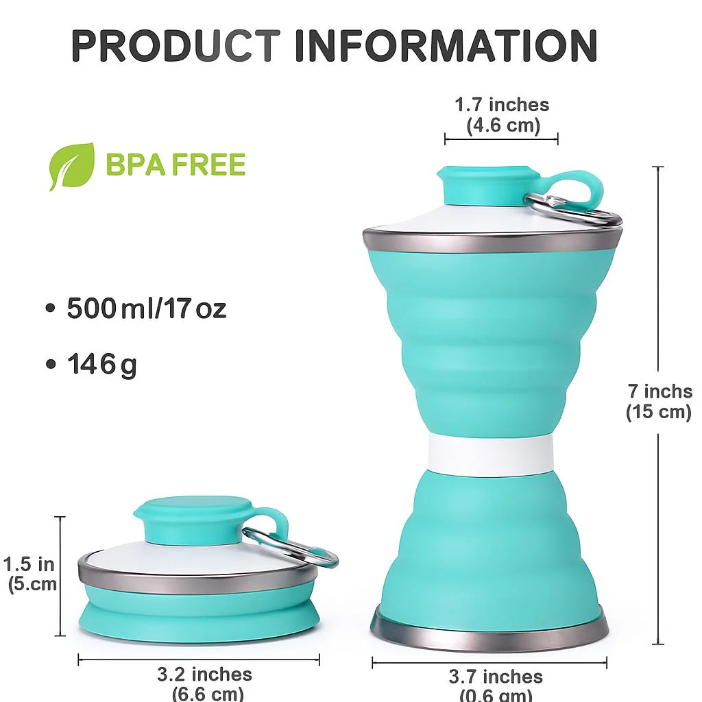 Light Blue Collapsible Silicone Water Bottle - Eco-Friendly & Space-Saving - Image 5