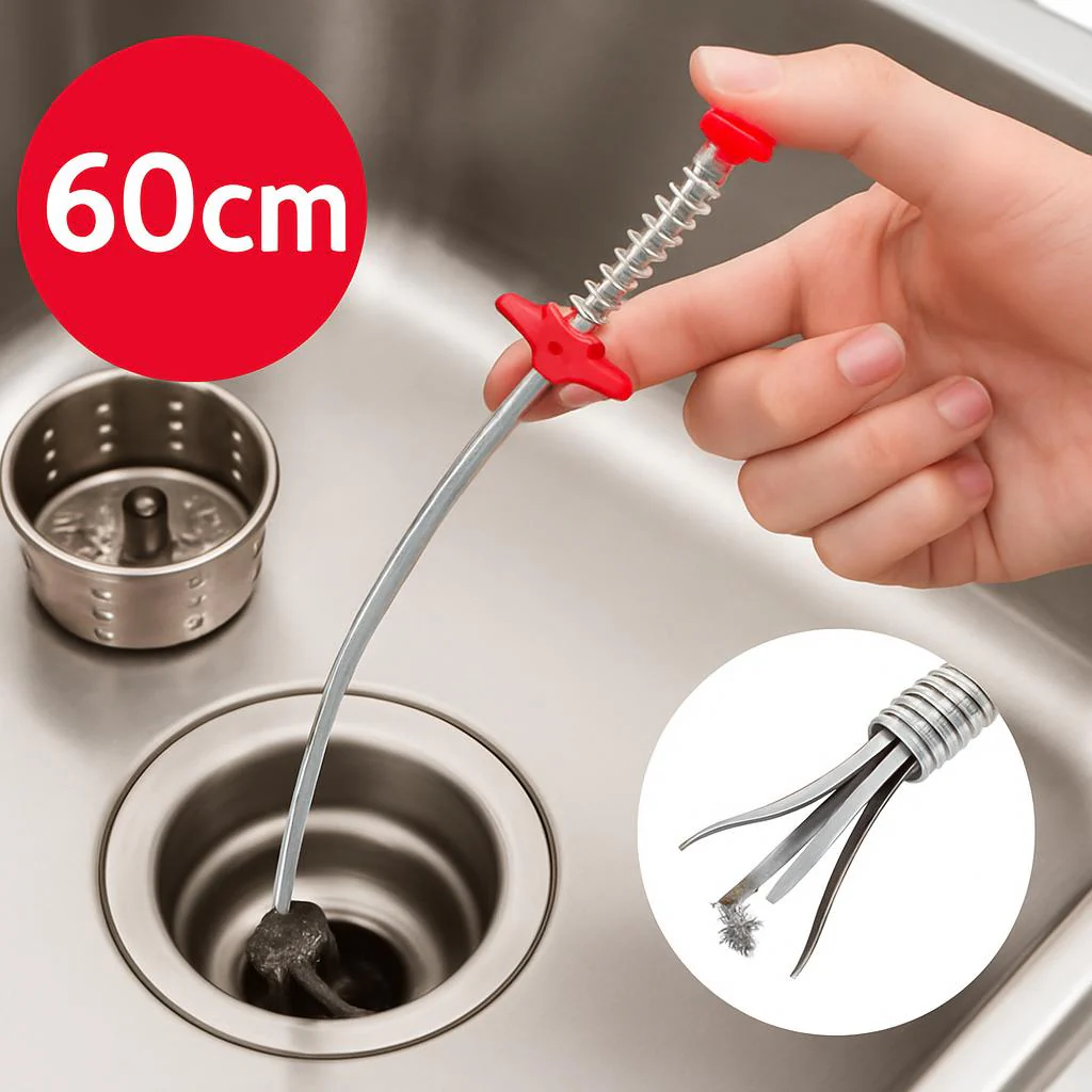 Eco-Friendly Drain Clog Remover Tool - Metal Shaft, Red Handle, 60cm - Image 2