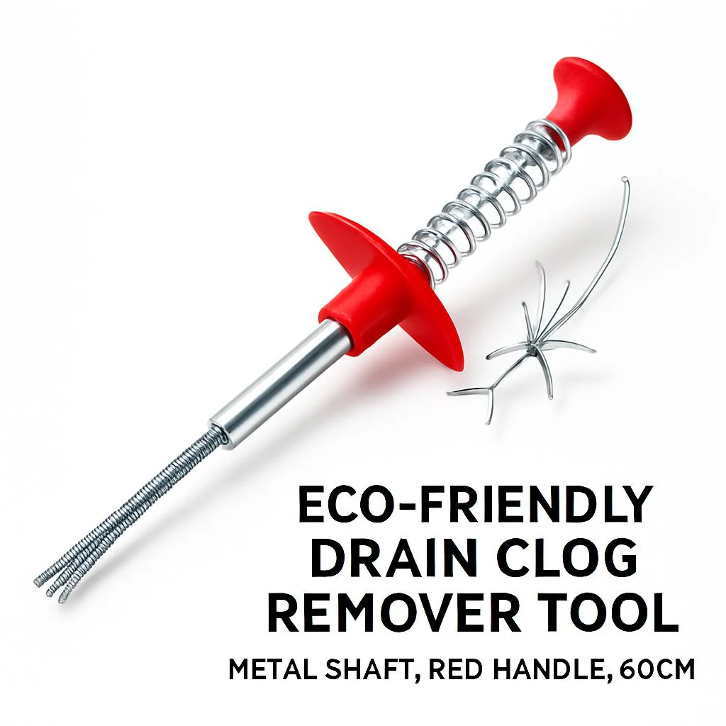Eco-Friendly Drain Clog Remover Tool - Metal Shaft, Red Handle, 60cm - Image 3