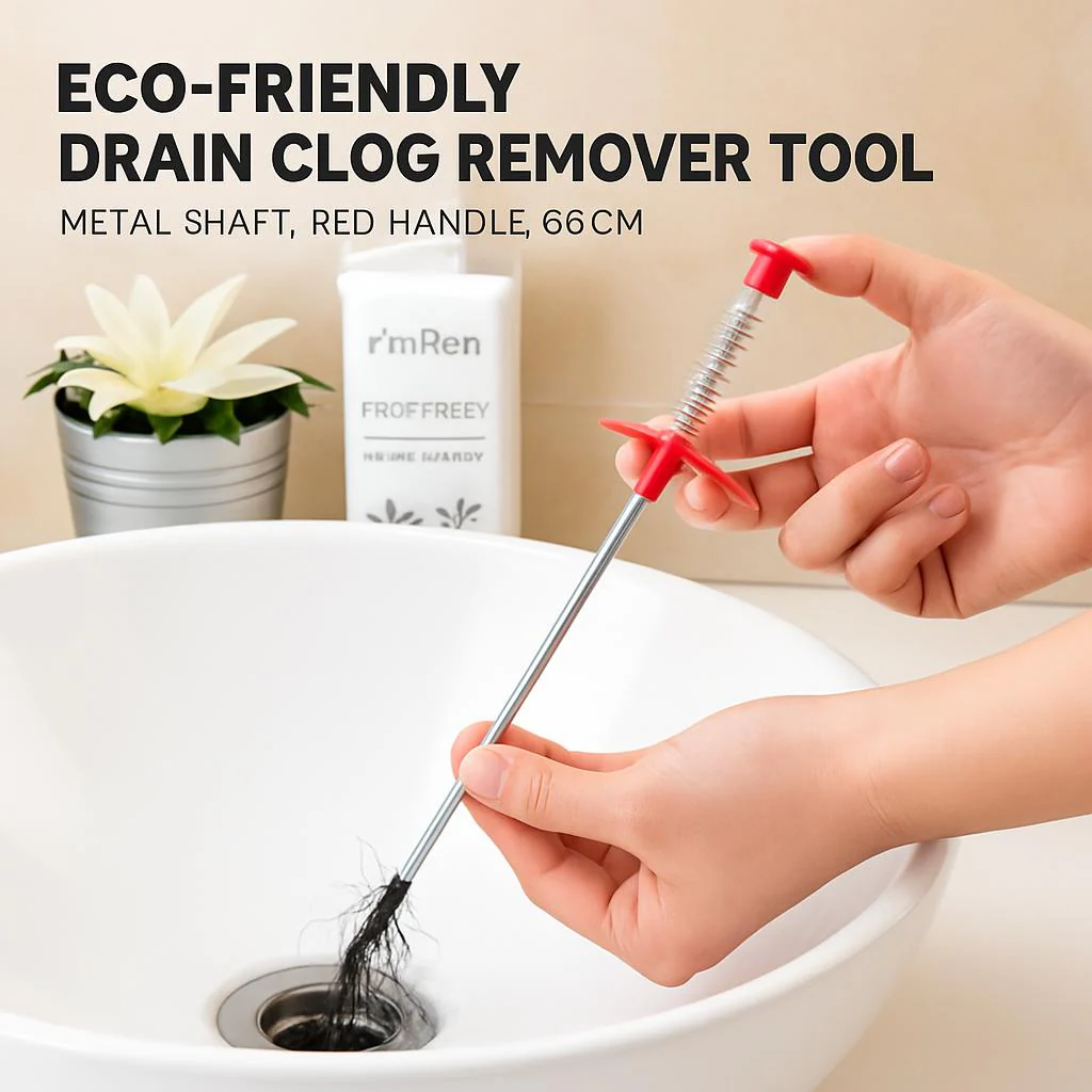 Eco-Friendly Drain Clog Remover Tool - Metal Shaft, Red Handle, 60cm - Image 4