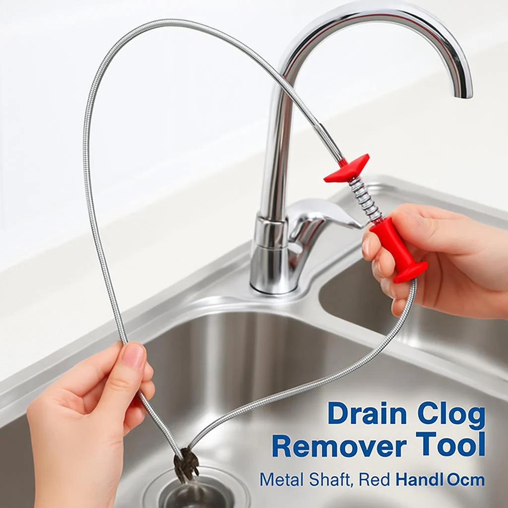 Eco-Friendly Drain Clog Remover Tool - Metal Shaft, Red Handle, 60cm - Image 9