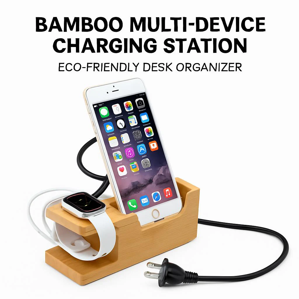 Bamboo Multi-Device Charging Station - Eco-Friendly Desk Organizer - Image 2