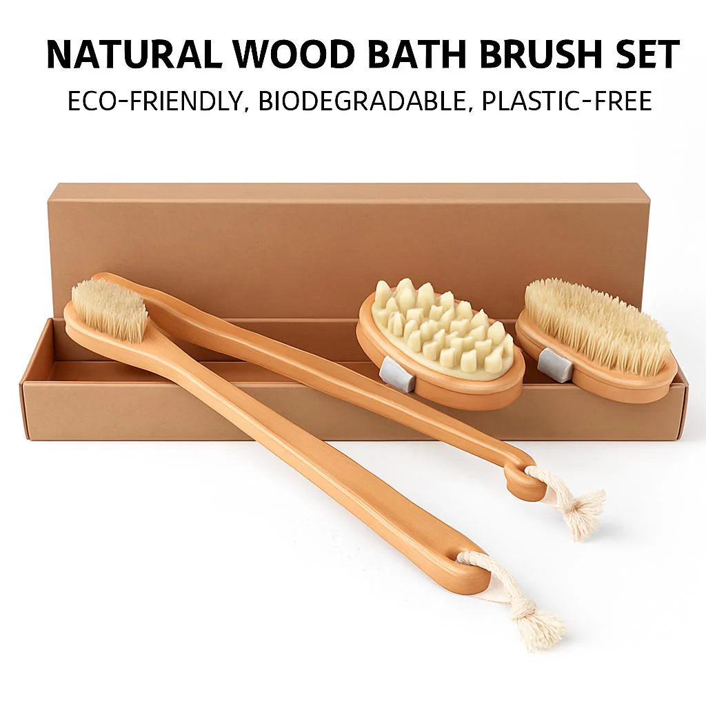 Natural Wood Bath Brush Set - Eco-Friendly, Biodegradable, Plastic-Free - Image 2