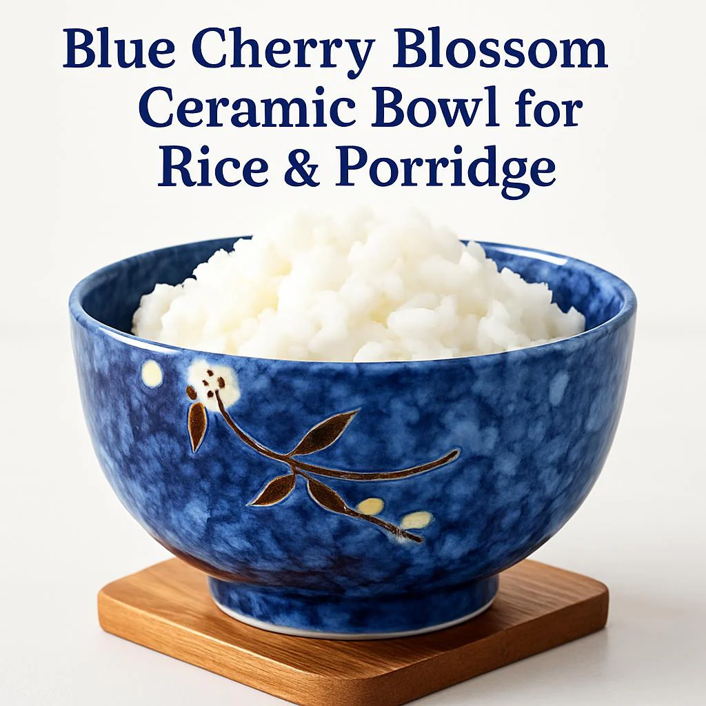 Blue Cherry Blossom Ceramic Bowl for Rice & Porridge - Image 3