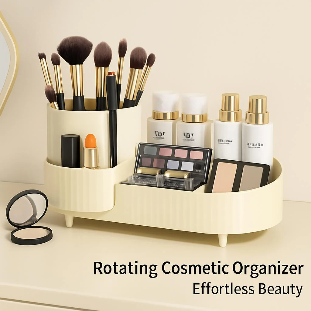 Rotating Beige Cosmetic Organizer for Effortless Beauty - Image 11