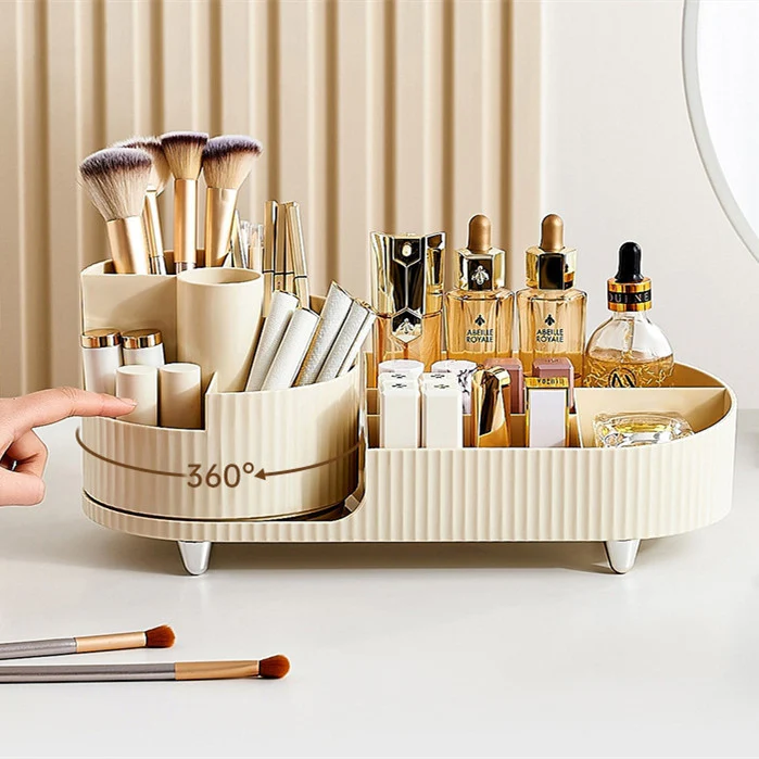 Rotating Beige Cosmetic Organizer for Effortless Beauty - Image 12