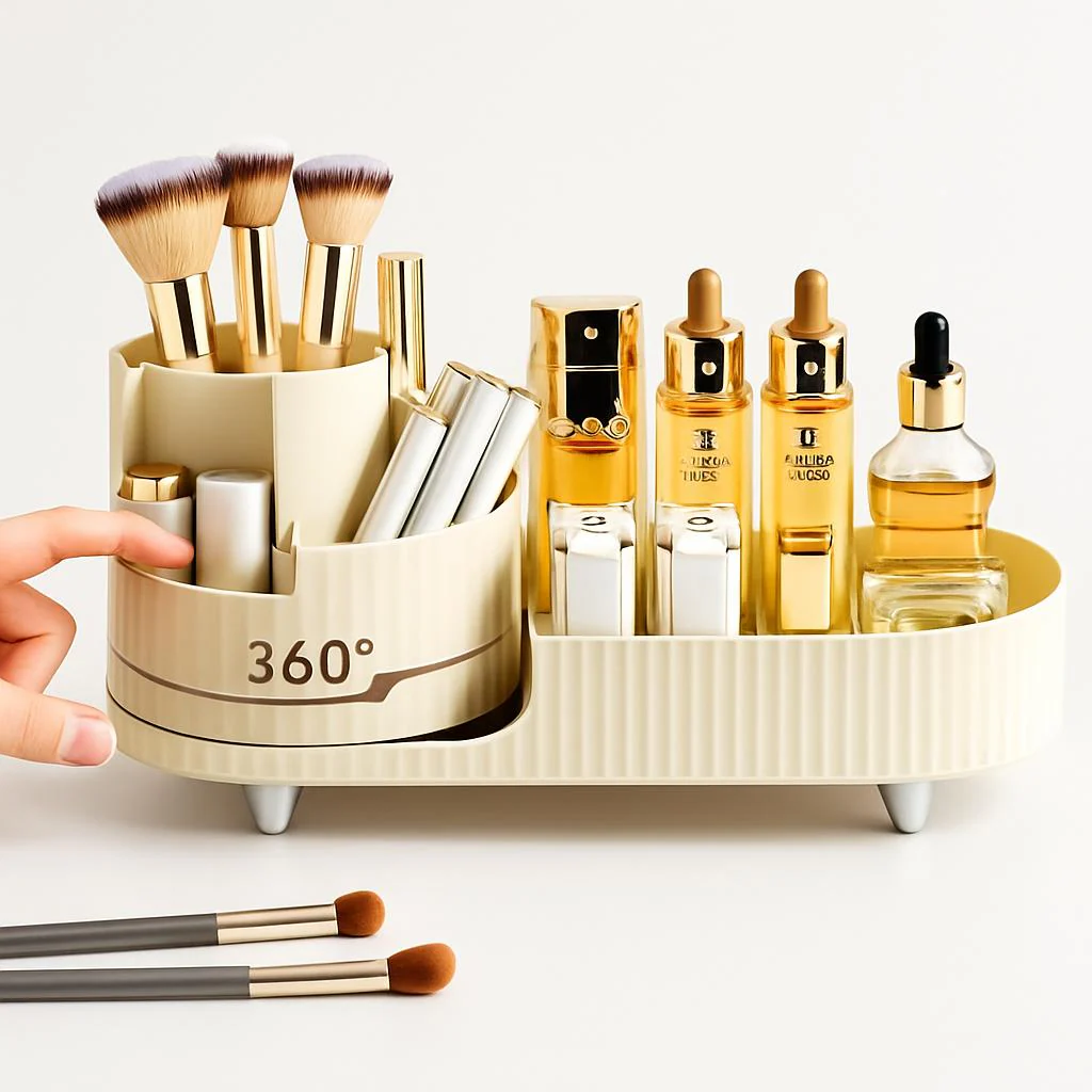 Rotating Beige Cosmetic Organizer for Effortless Beauty - Image 2