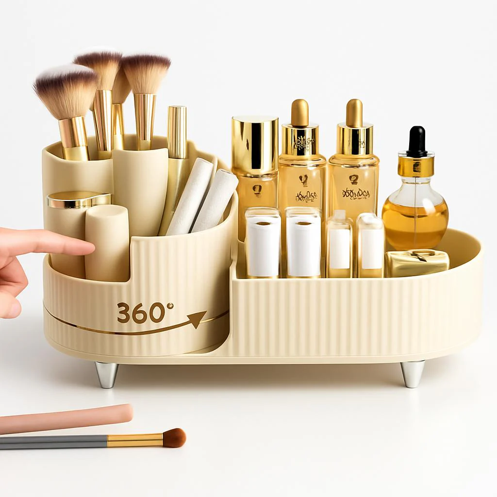 Rotating Beige Cosmetic Organizer for Effortless Beauty - Image 3