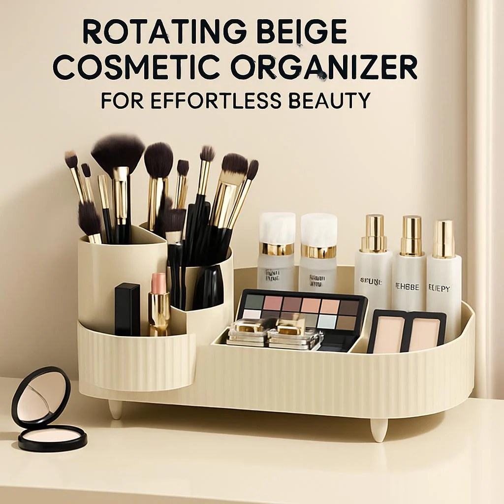 Rotating Beige Cosmetic Organizer for Effortless Beauty - Image 4