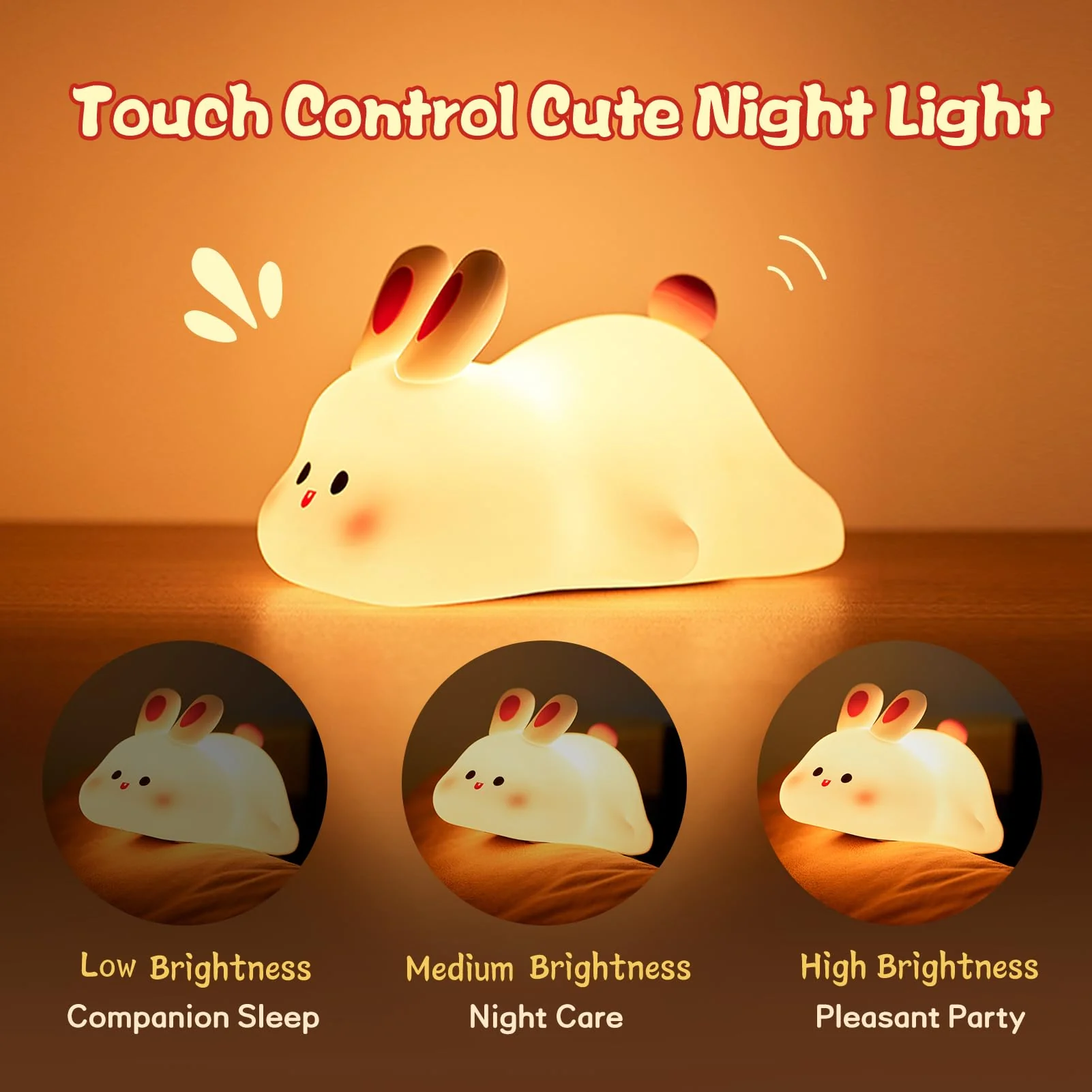 Bunny LED Night Light (5.6 × 4.3 × 3.3 in) – Touch Sensor Silicone Lamp with Timer, Rechargeable Kids Bedside Light - Image 3