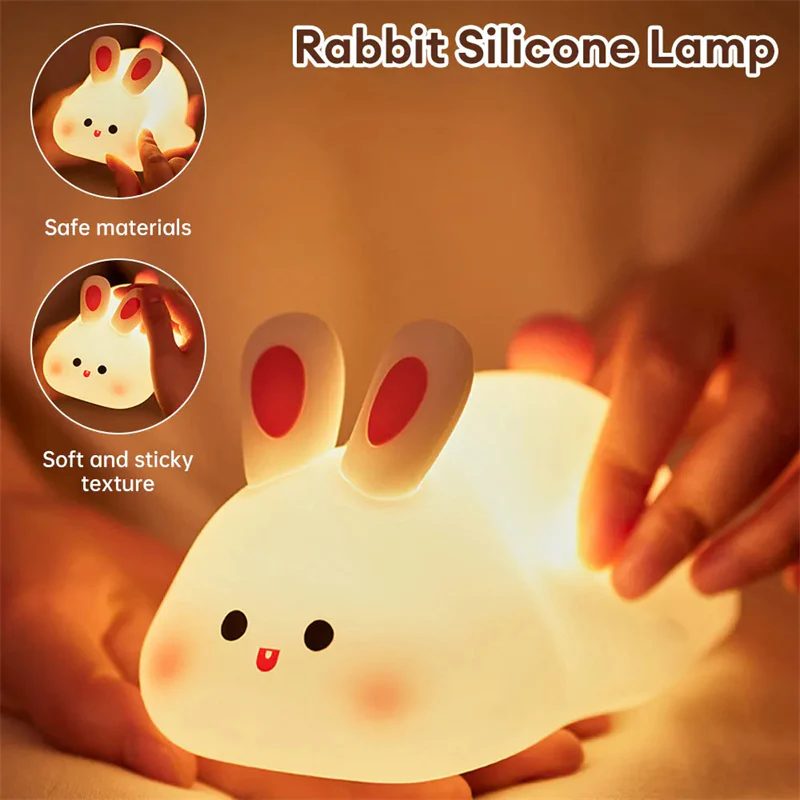 Bunny LED Night Light (5.6 × 4.3 × 3.3 in) – Touch Sensor Silicone Lamp with Timer, Rechargeable Kids Bedside Light - Image 4