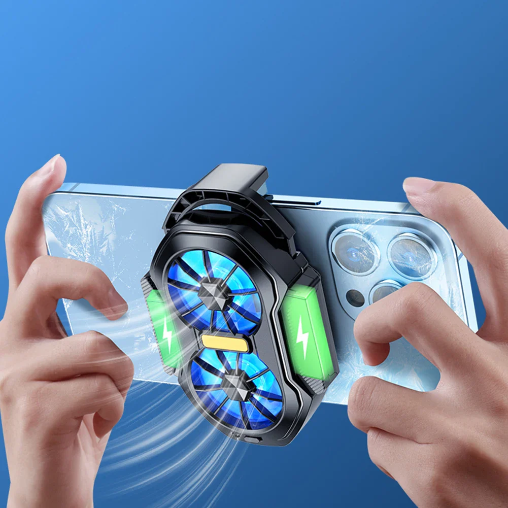 Dual Fan Mobile Phone Cooler Plug-in/Rechargeable Phone Cooler Air Cooling Type-C with Blue Light for Android Smartphones iPhone