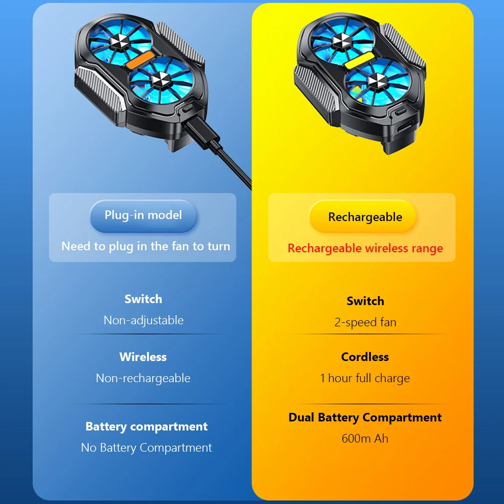Dual Fan Mobile Phone Cooler Plug-in/Rechargeable Phone Cooler Air Cooling Type-C with Blue Light for Android Smartphones iPhone - Image 11