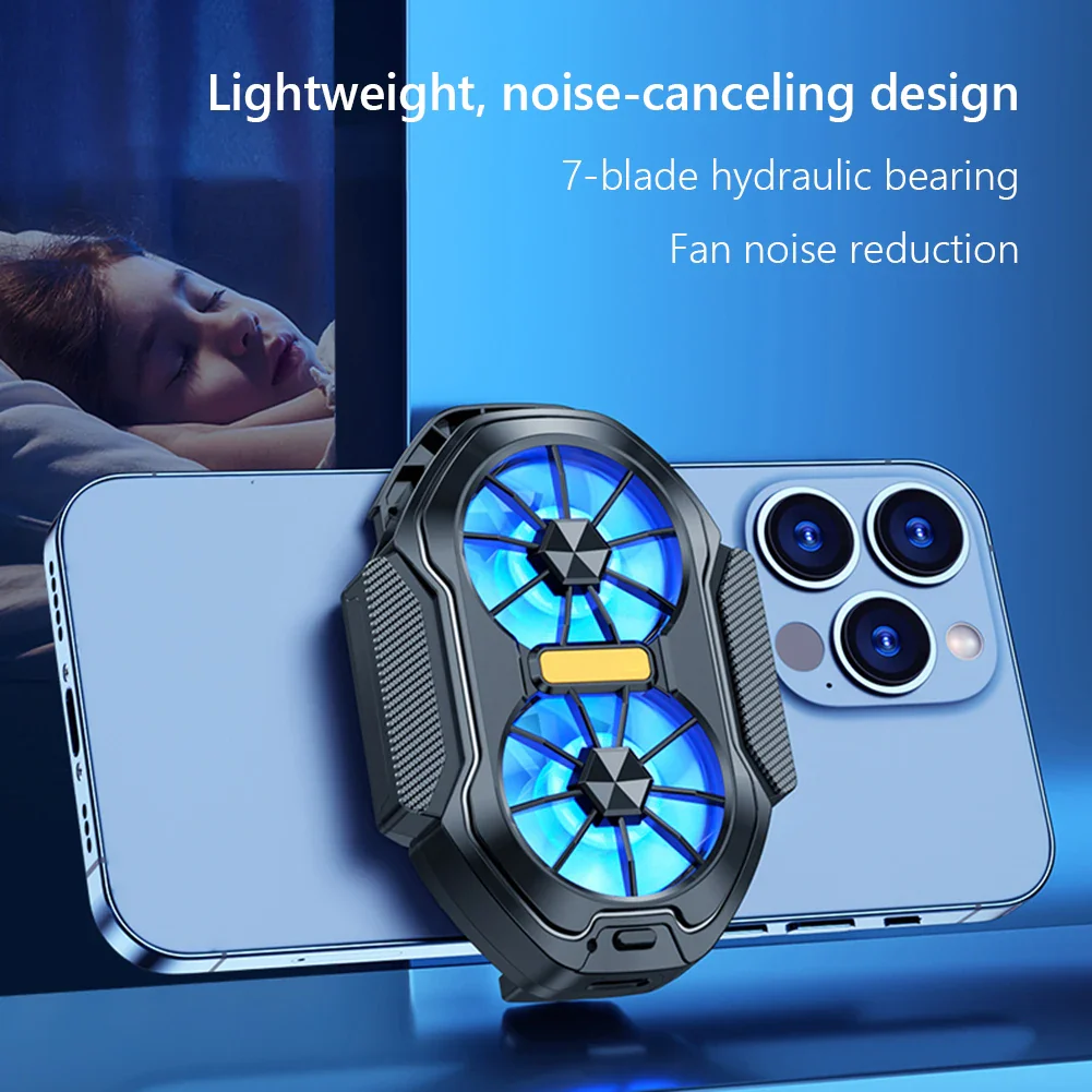 Dual Fan Mobile Phone Cooler Plug-in/Rechargeable Phone Cooler Air Cooling Type-C with Blue Light for Android Smartphones iPhone - Image 4