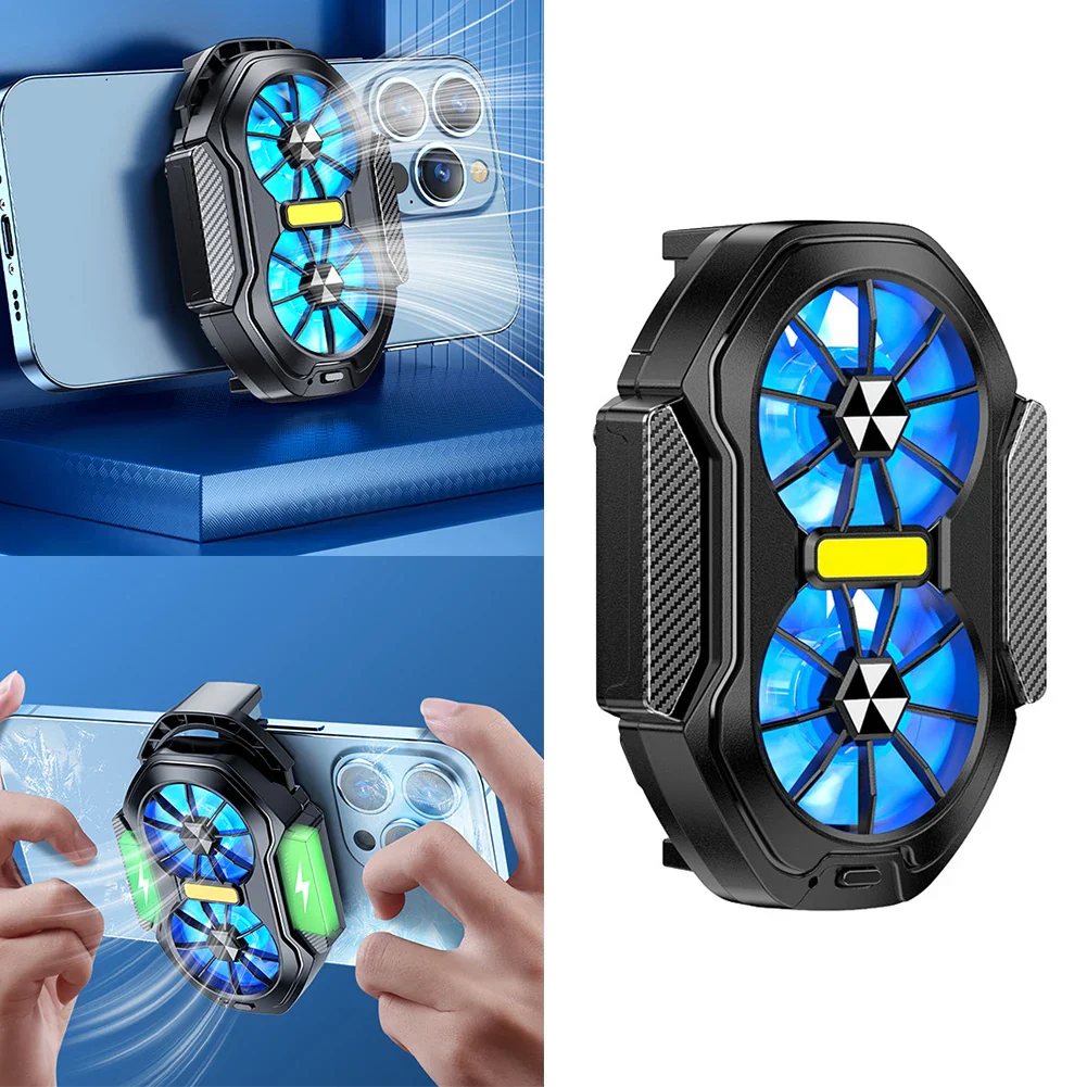 Dual Fan Mobile Phone Cooler Plug-in/Rechargeable Phone Cooler Air Cooling Type-C with Blue Light for Android Smartphones iPhone - Image 5