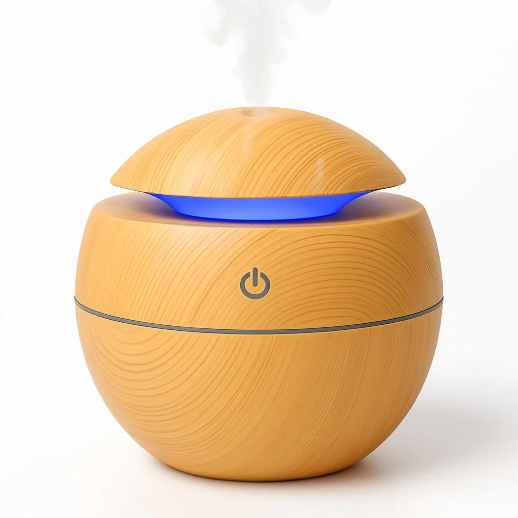 Eco-Friendly Spherical Humidifier with Wood Grain Finish and Blue Light - Image 2