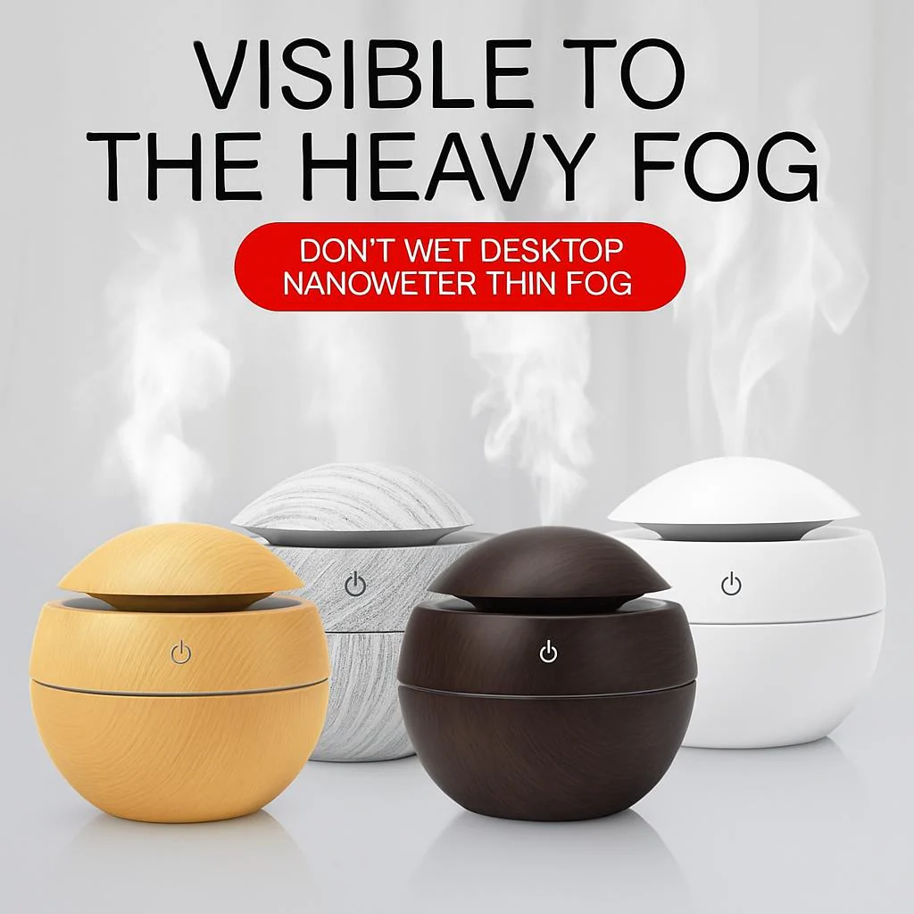 Eco-Friendly Spherical Humidifier with Wood Grain Finish and Blue Light - Image 3