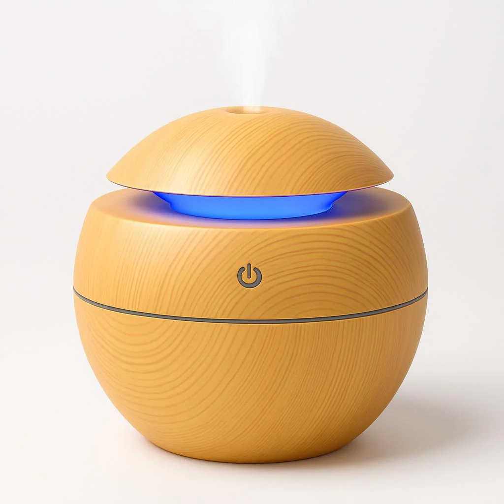 Eco-Friendly Spherical Humidifier with Wood Grain Finish and Blue Light - Image 7