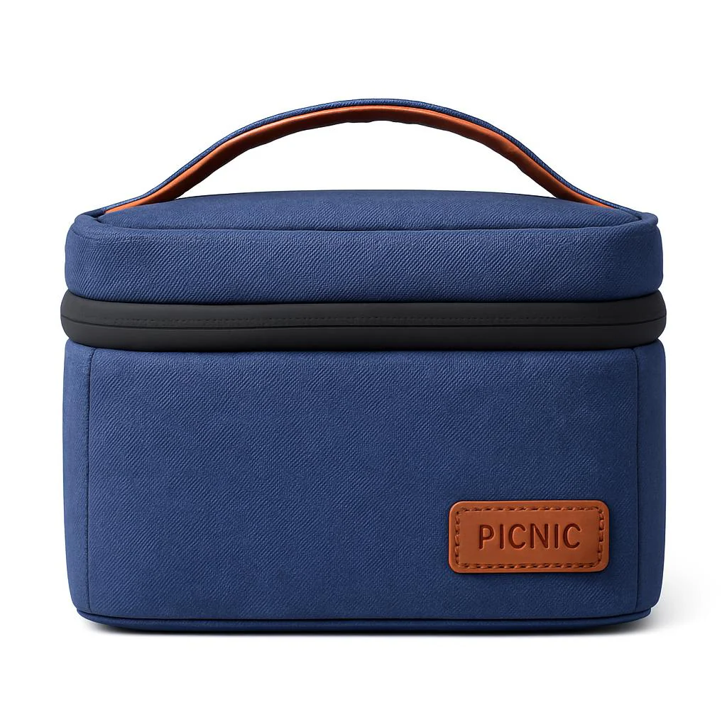 Eco-Friendly Picnic Bag - Blue Canvas with Brown Accents - Image 2