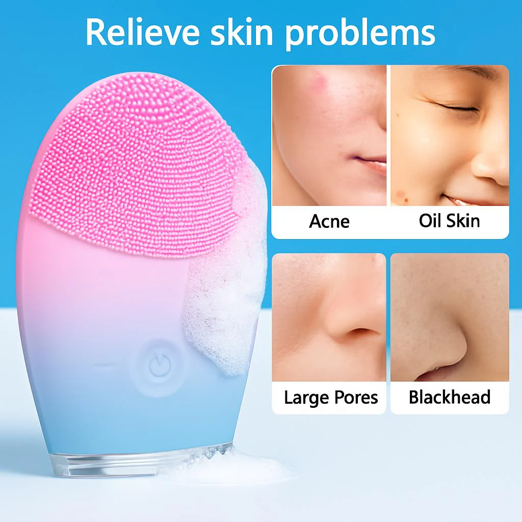 Eco-Friendly Electric Facial Cleansing Brush - Silicone Bristles, Rechargeable, Pink/Blue/Purple - Image 7