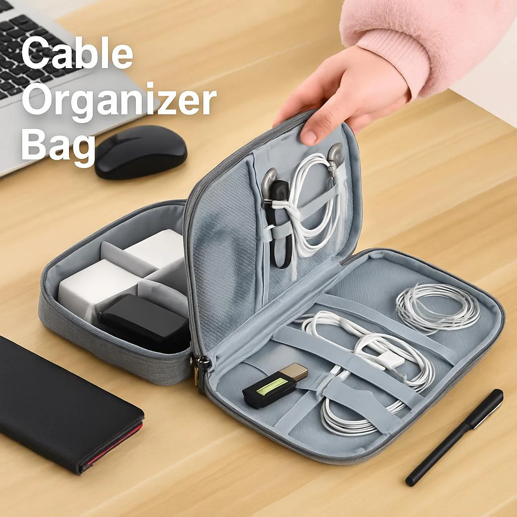 Eco-Friendly Gray Rectangular Cable Organizer Bag - Image 10