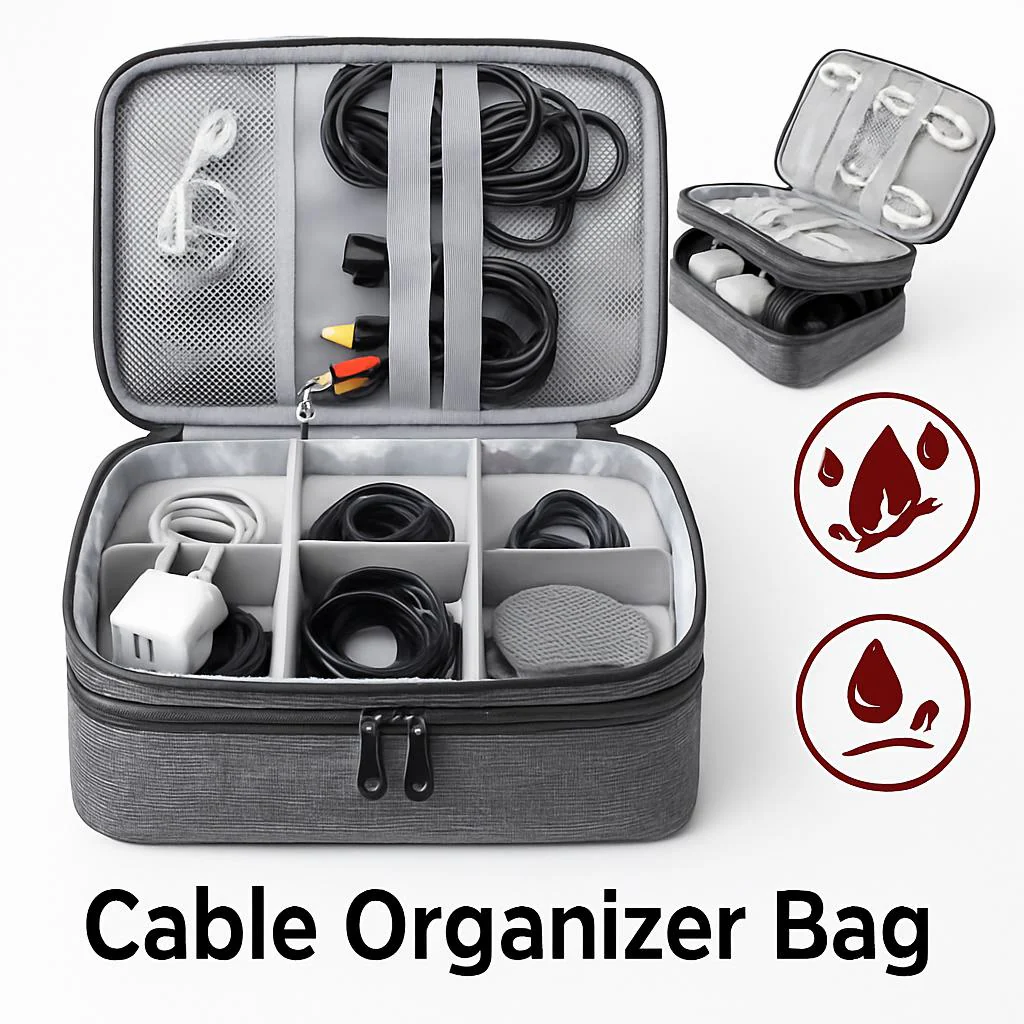 Eco-Friendly Gray Rectangular Cable Organizer Bag - Image 2