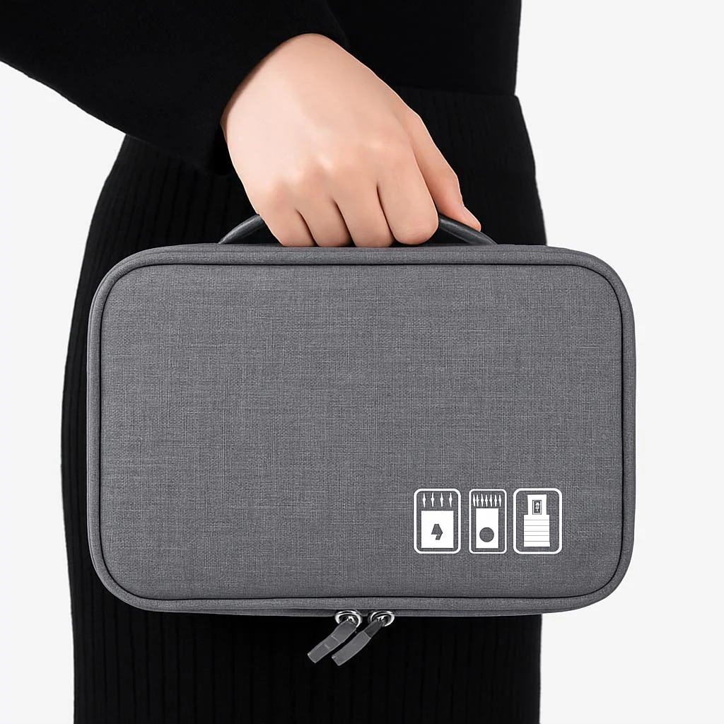 Eco-Friendly Gray Rectangular Cable Organizer Bag - Image 5