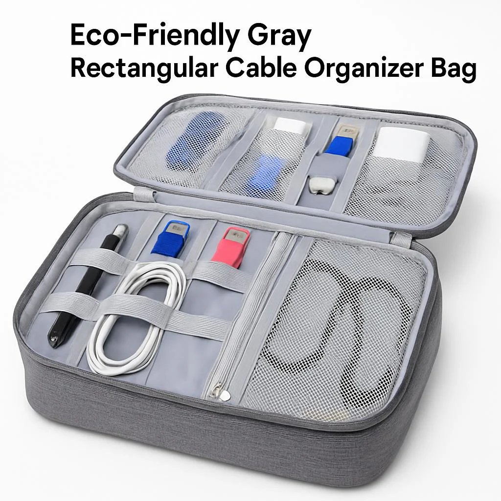 Eco-Friendly Gray Rectangular Cable Organizer Bag - Image 6