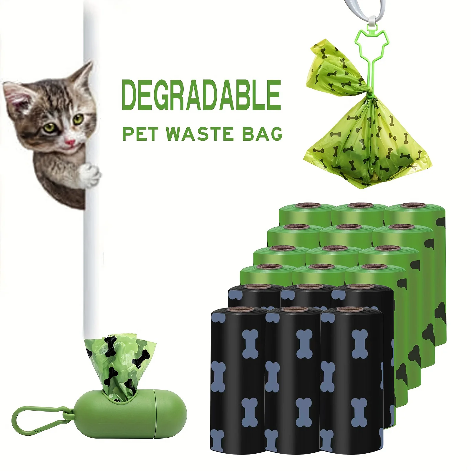 Eco-Friendly Degradable Pet Waste Bags with Dispenser - Green & Black - Image 14