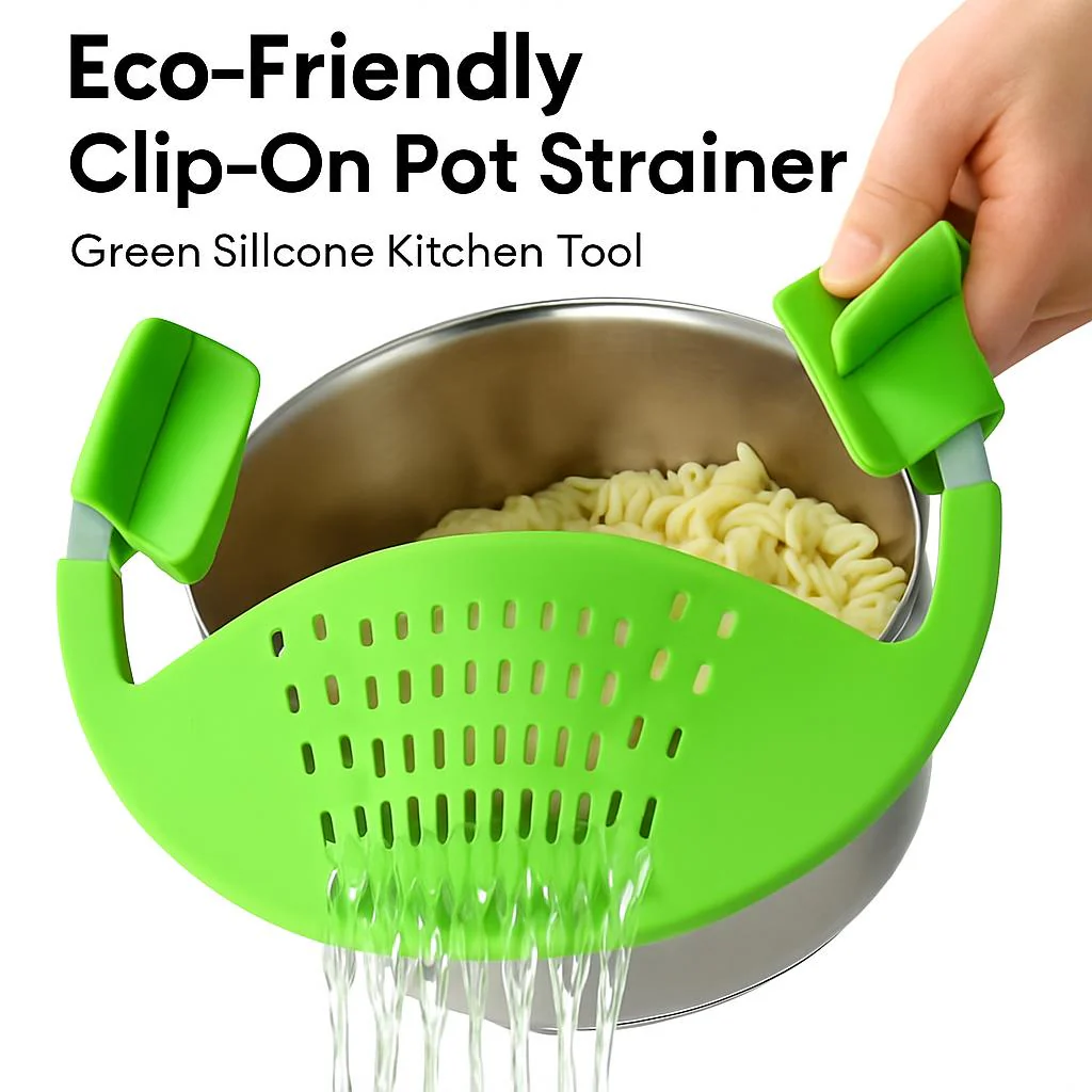Eco-Friendly Clip-On Pot Strainer - Green Silicone Kitchen Tool - Image 2