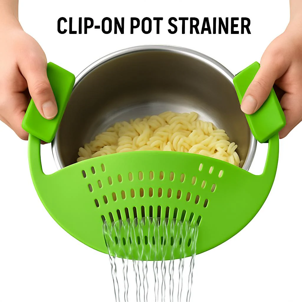 Eco-Friendly Clip-On Pot Strainer - Green Silicone Kitchen Tool - Image 7