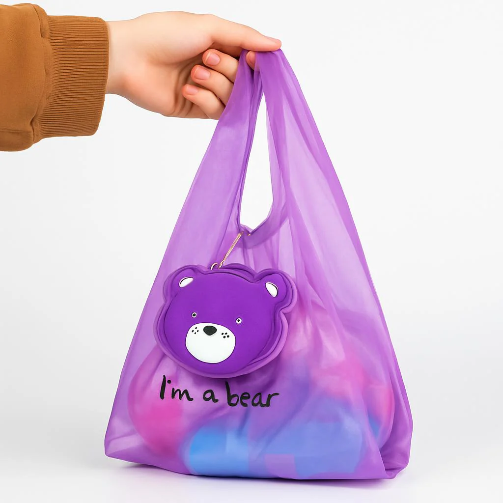 Eco-Friendly Reusable Shopping Bags with Bear Pouches - Purple, Pink, Blue - Image 8