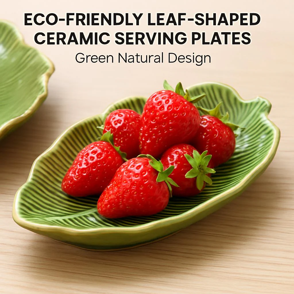 Eco-Friendly Leaf-Shaped Ceramic Serving Plates - Green Natural Design - Image 3