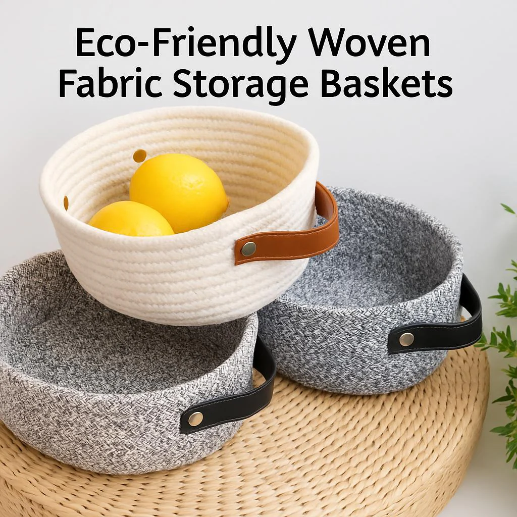 Eco-Friendly Woven Fabric Storage Baskets - Cream, Gray, Black - Image 2