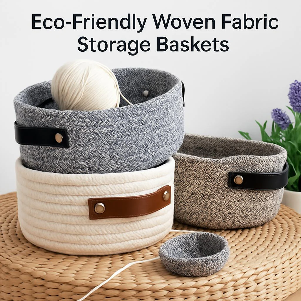 Eco-Friendly Woven Fabric Storage Baskets - Cream, Gray, Black - Image 3