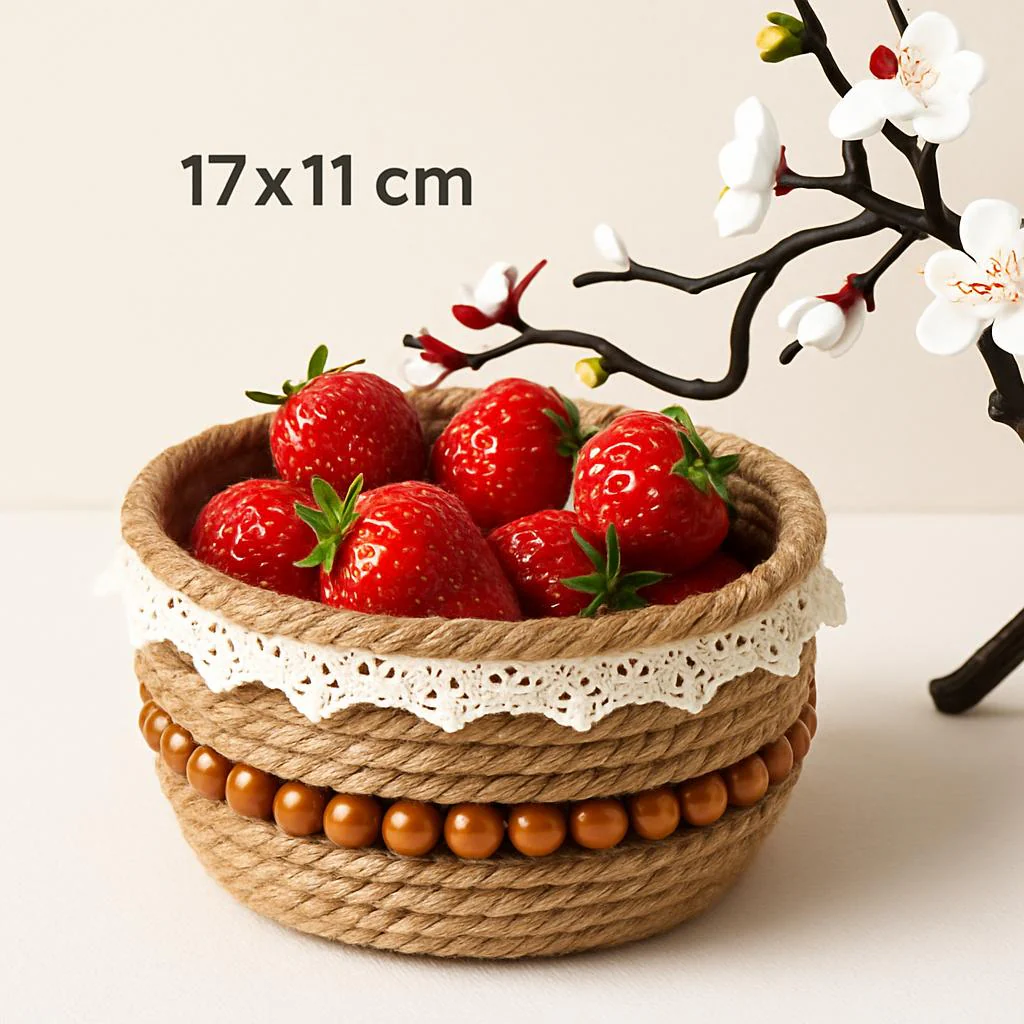 Eco-Friendly Jute Decorative Basket with Lace Trim - Image 3