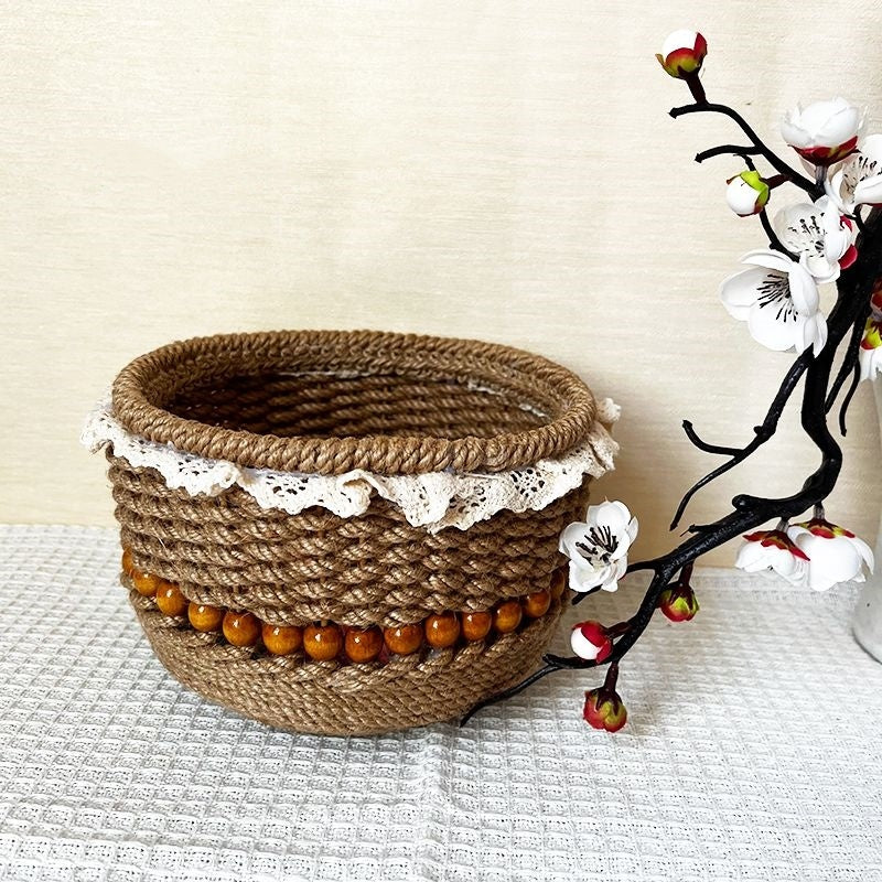 Eco-Friendly Jute Decorative Basket with Lace Trim - Image 7