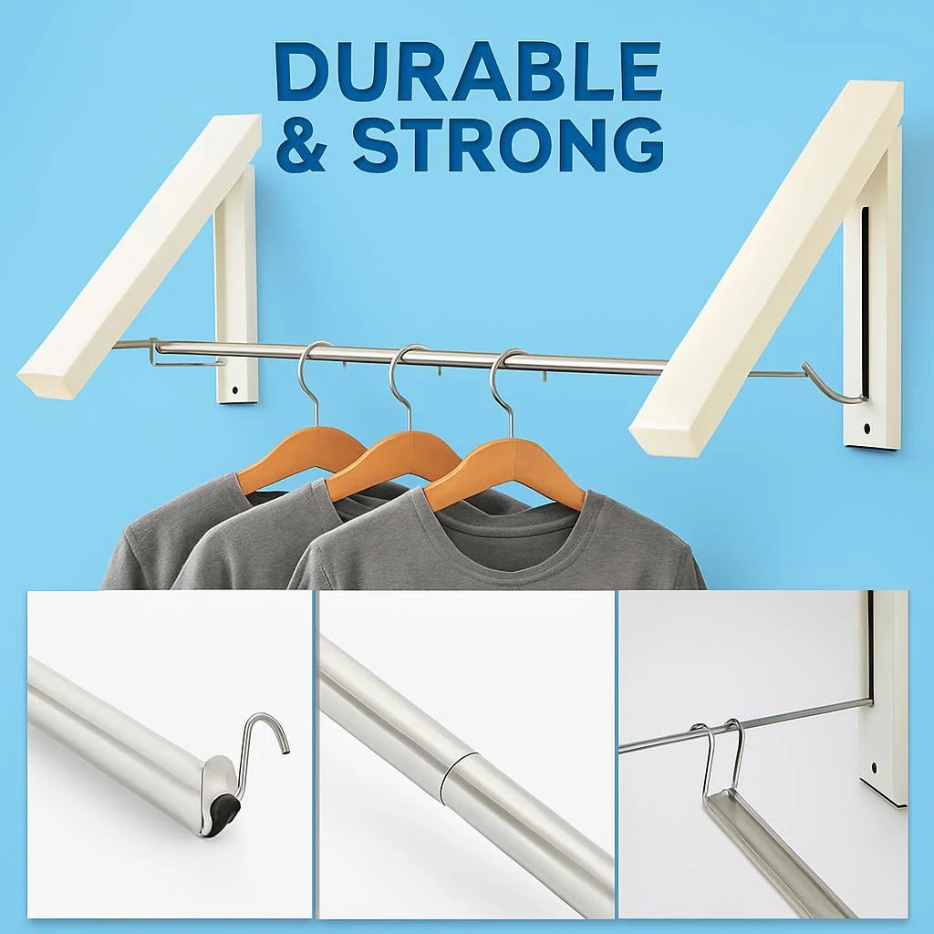 Space-Saving Folding Retractable Clothes Rack - Wall-Mounted, White - Image 10