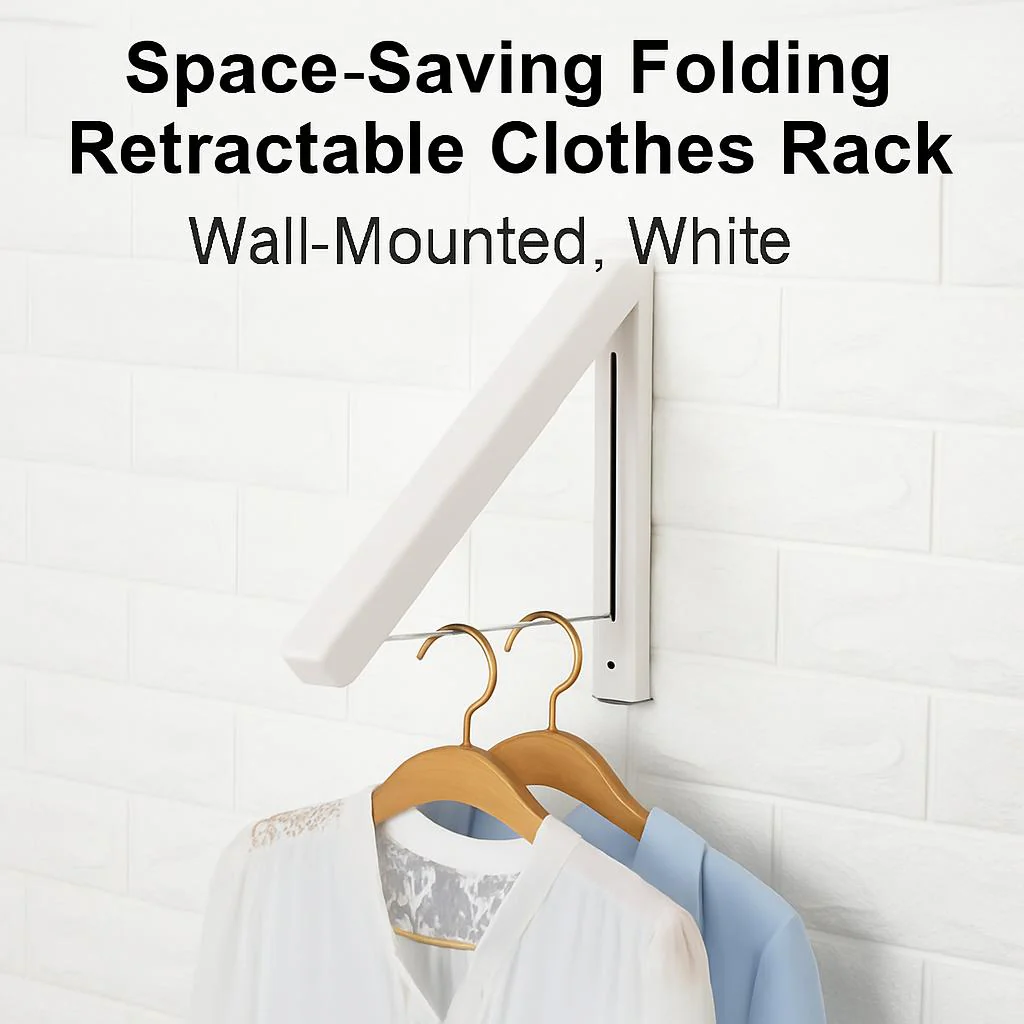 Space-Saving Folding Retractable Clothes Rack - Wall-Mounted, White - Image 12