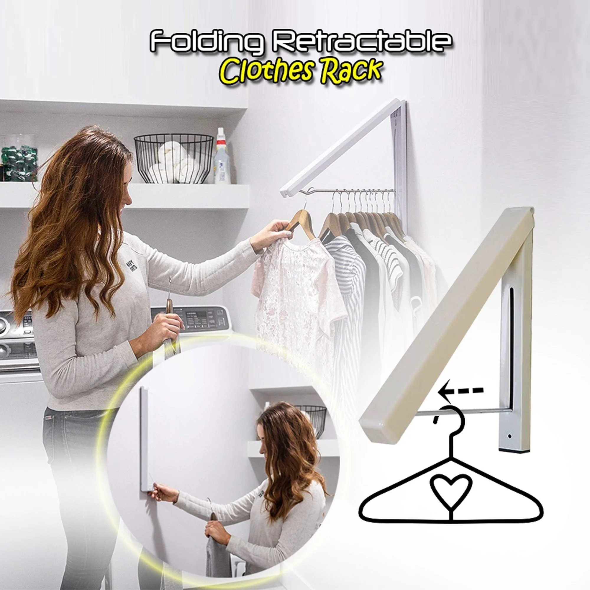 Space-Saving Folding Retractable Clothes Rack - Wall-Mounted, White - Image 14