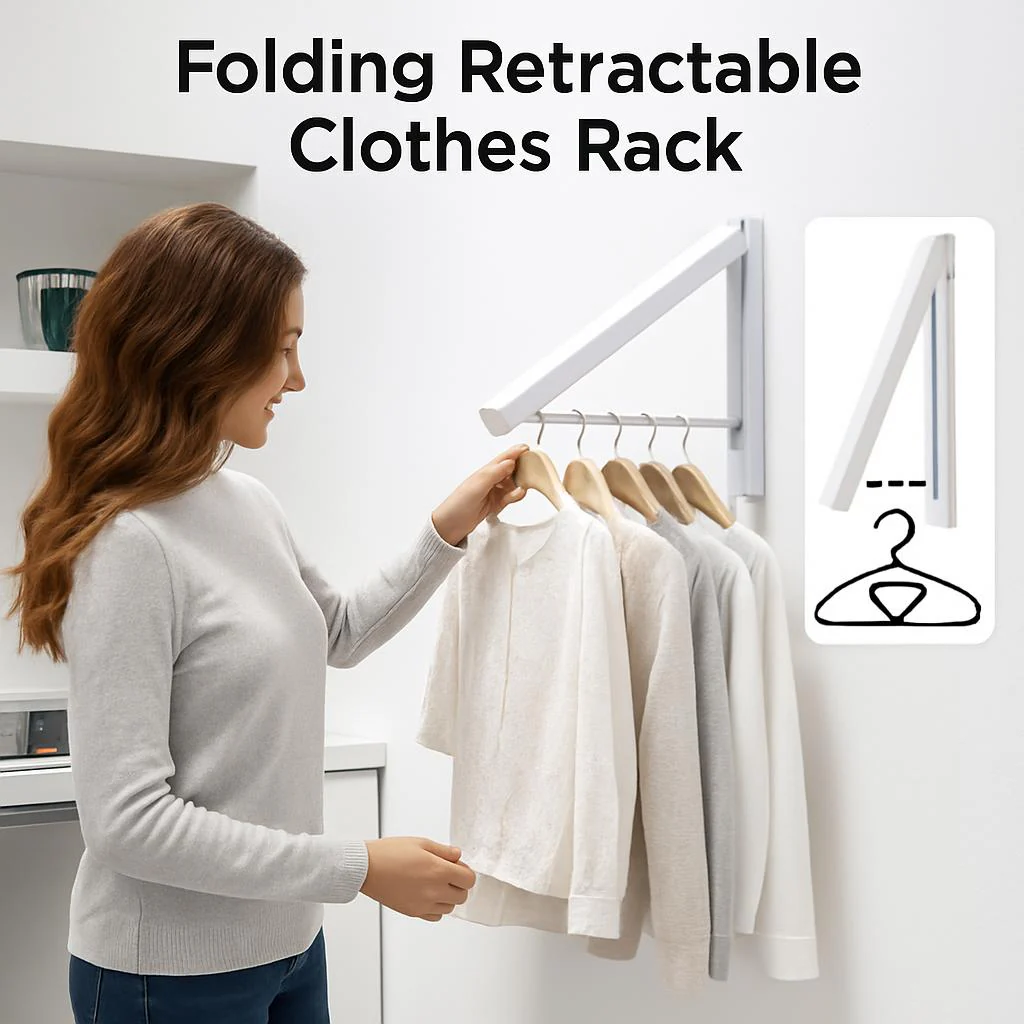 Space-Saving Folding Retractable Clothes Rack - Wall-Mounted, White - Image 4