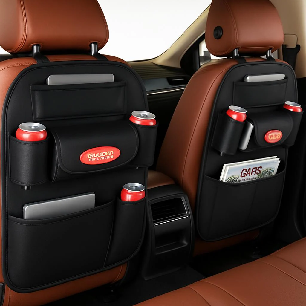 Brown Rectangular Car Seat Organizer with Multiple Pockets - Image 4