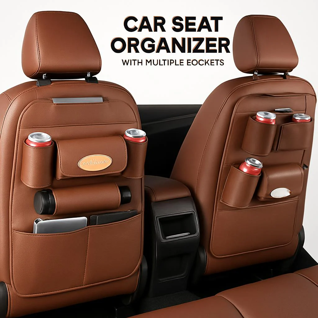 Brown Rectangular Car Seat Organizer with Multiple Pockets - Image 6